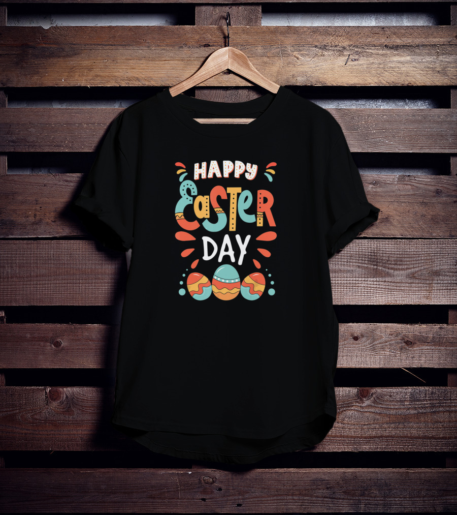 Happy Easter Day Colorful Eggs And Cute Bunny Details T-Shirt