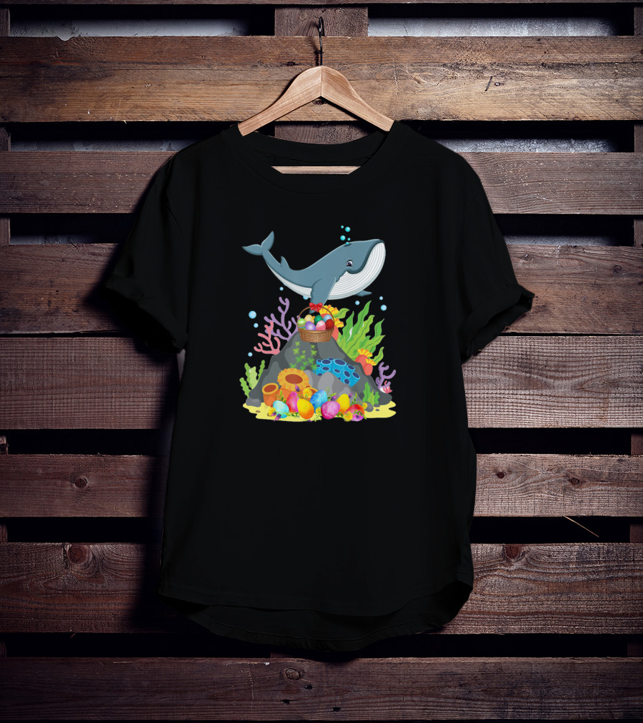 Whale Easter Day Funny Whale With Colorful Eggs And Coral Reef Scene T-Shirt