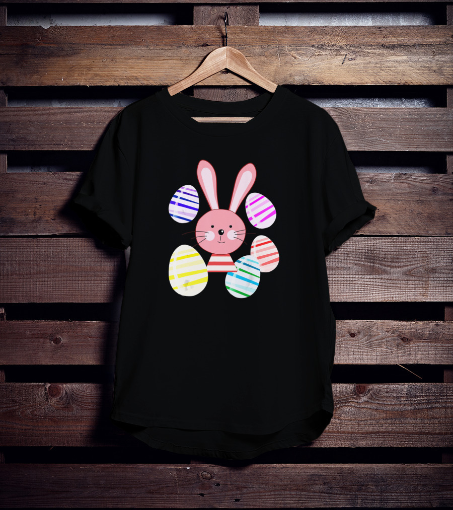 Happy Easter Bunny And Colorful Striped Easter Eggs T-Shirt