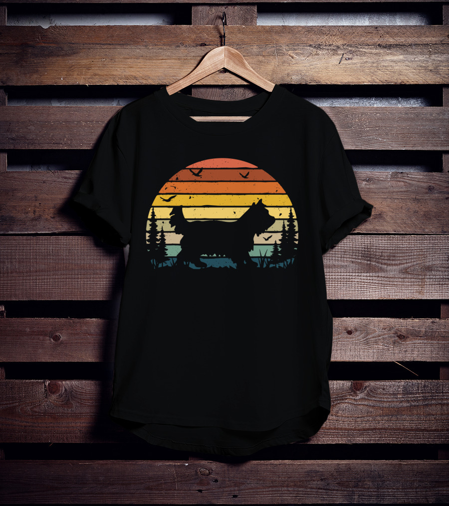 Yorkipoo Vintage Retro Sunset Silhouette With Birds And Trees T-Shirt