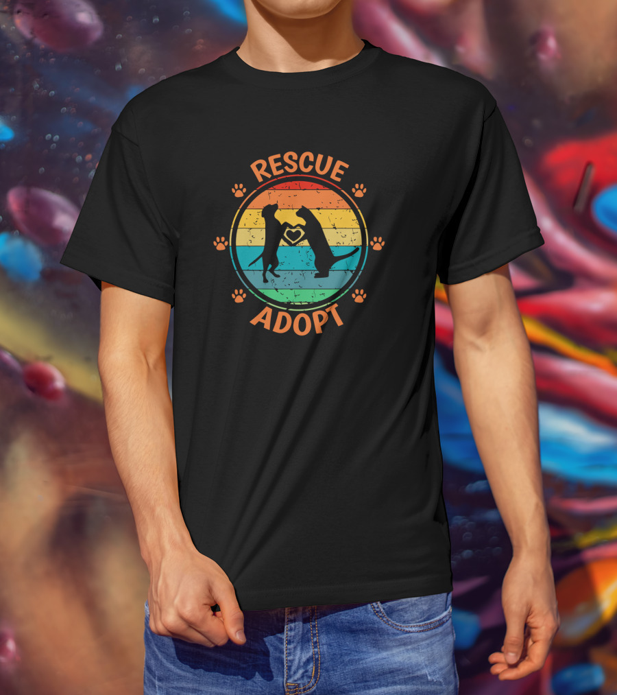 Rescue Adopt Vintage Rainbow Dog Cat Paw Heart T-Shirt