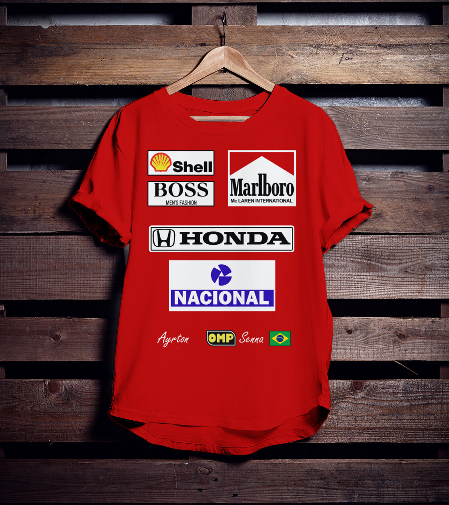 Shell Boss Marlboro McLaren Honda Nacional Ayrton Senna OMP Brazil Flag T-Shirt
