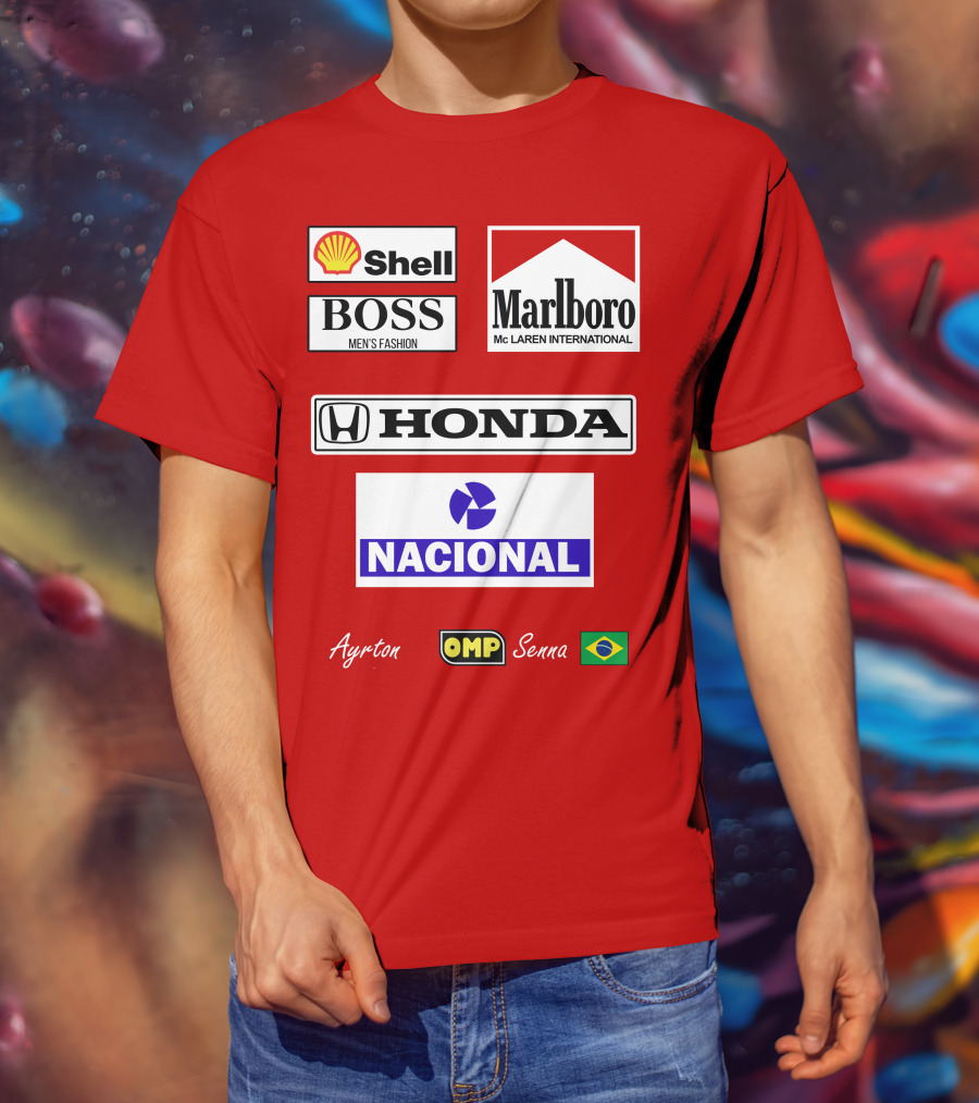 Shell Boss Marlboro McLaren Honda Nacional Ayrton Senna OMP Brazil Flag T-Shirt