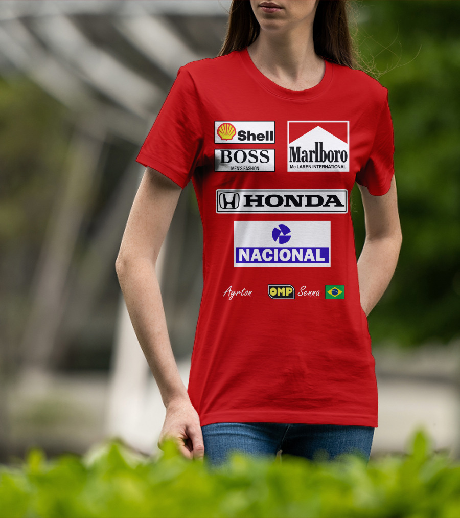 Shell Boss Marlboro McLaren Honda Nacional Ayrton Senna OMP Brazil Flag T-Shirt