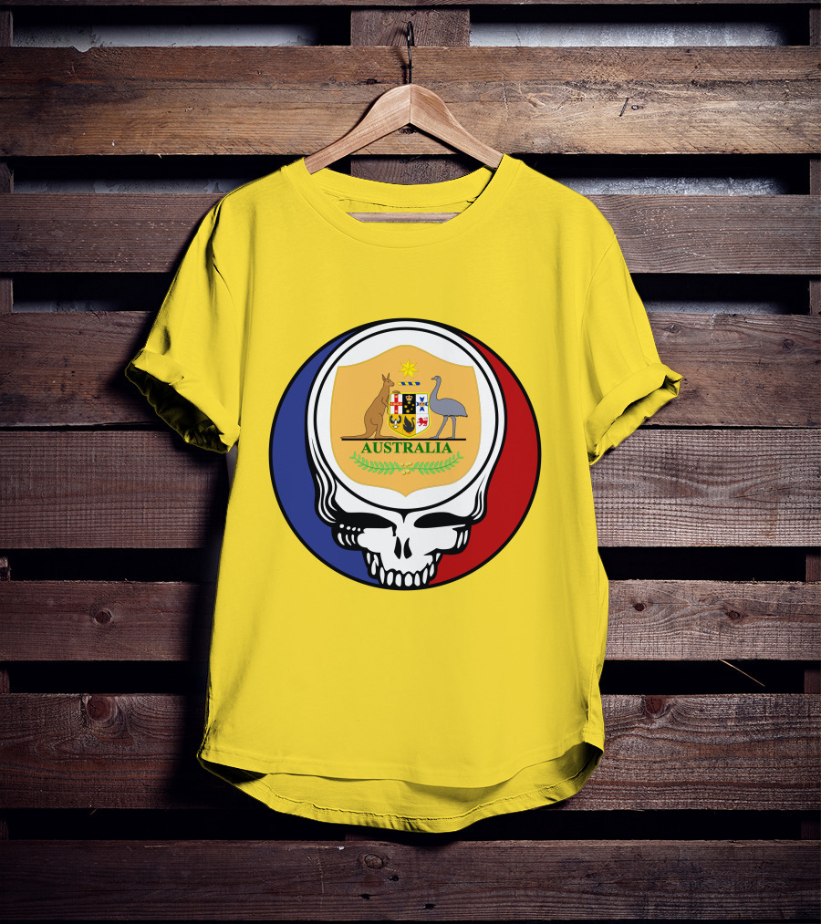 Australia National Football Team Grateful Dead Skull Emblem With Kangaroo And Emu Crest T-Shirt