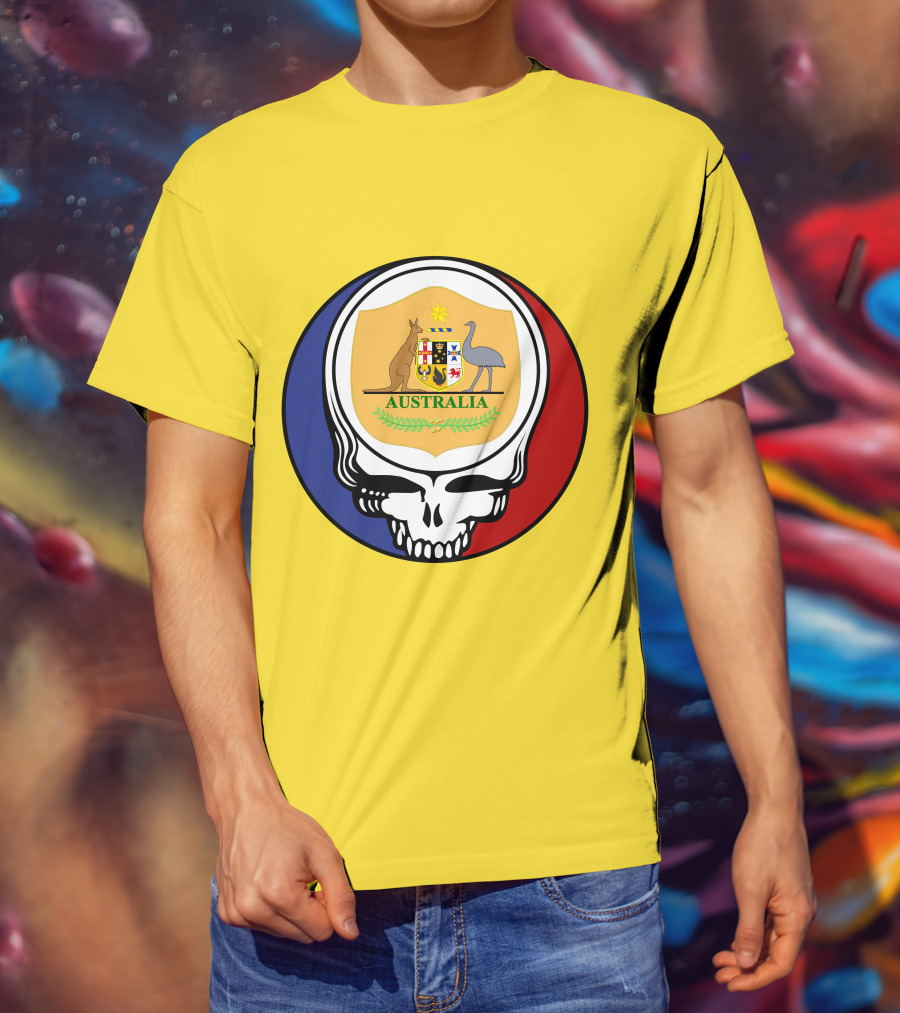 Australia National Football Team Grateful Dead Skull Emblem With Kangaroo And Emu Crest T-Shirt