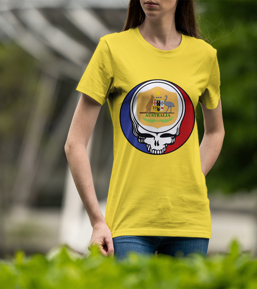 Australia National Football Team Grateful Dead Skull Emblem With Kangaroo And Emu Crest T-Shirt