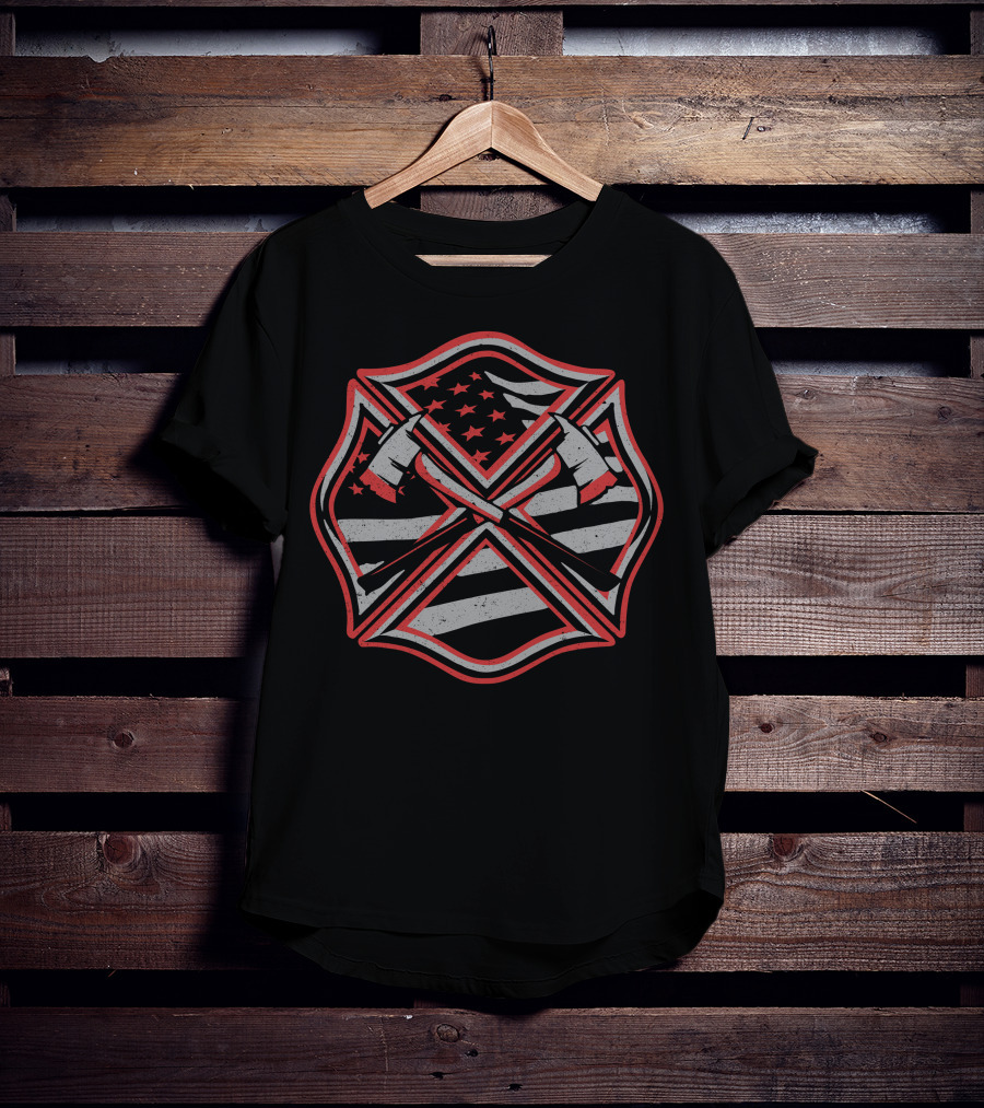 Red Thin Line Firefighter American Flag Maltese Cross T-Shirt