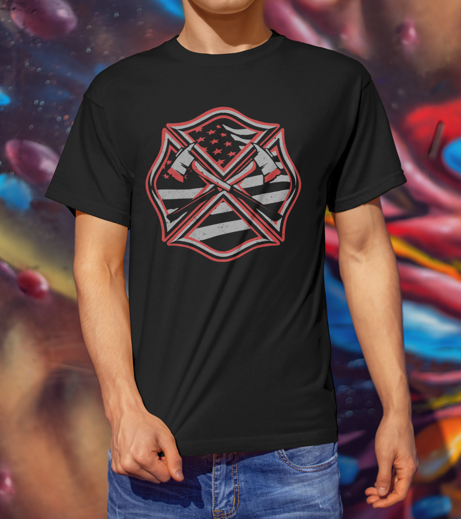 Red Thin Line Firefighter American Flag Maltese Cross T-Shirt