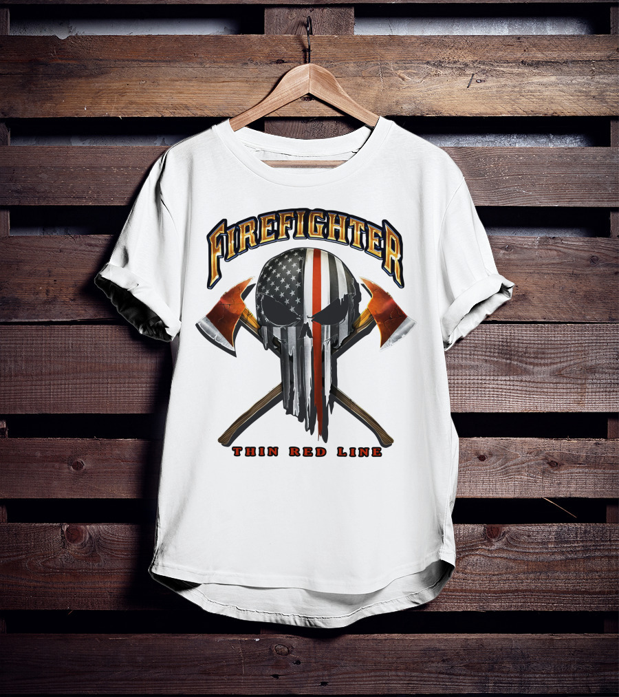 Firefighter Thin Red Line Punisher Skull American Flag Crossed Axes T-Shirt