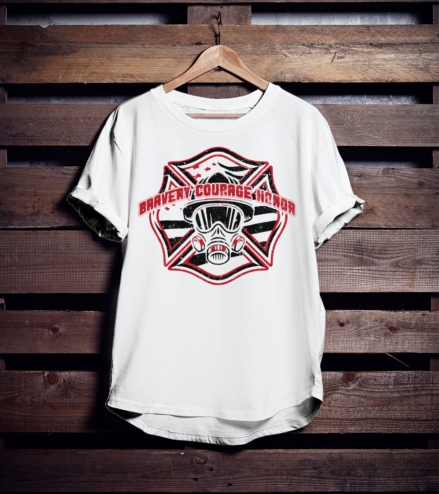 BRAVERY COURAGE HONOR Firefighter Gas Mask Badge T-Shirt