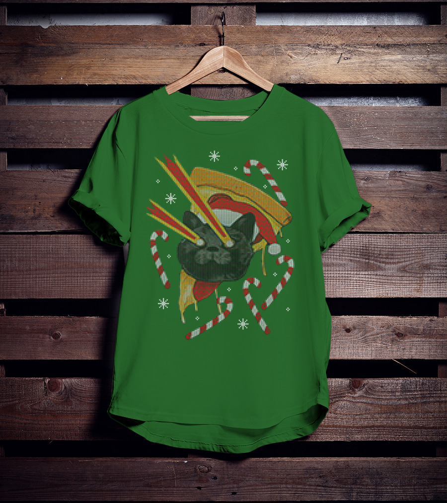 Drax Christmas Jumpers Cat Laser Eyes Christmas Pizza Candy Canes T-Shirt