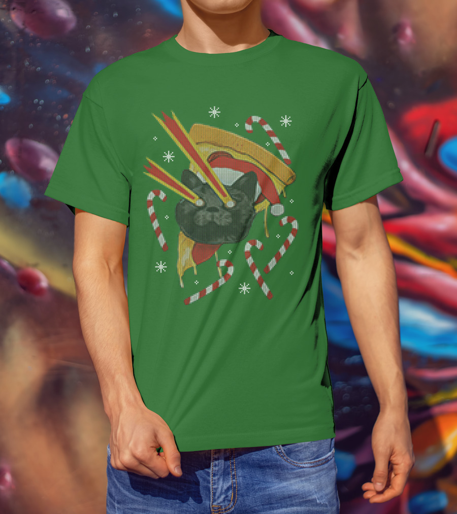 Drax Christmas Jumpers Cat Laser Eyes Christmas Pizza Candy Canes T-Shirt