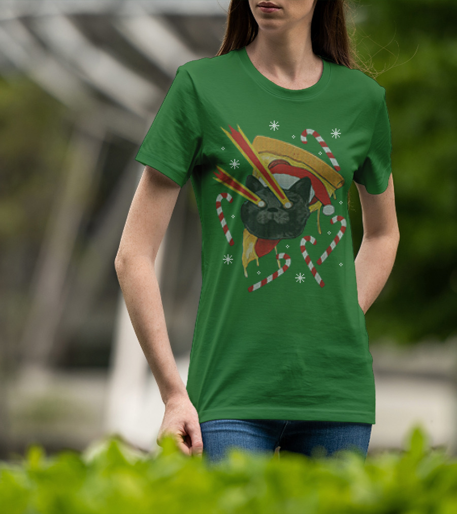 Drax Christmas Jumpers Cat Laser Eyes Christmas Pizza Candy Canes T-Shirt