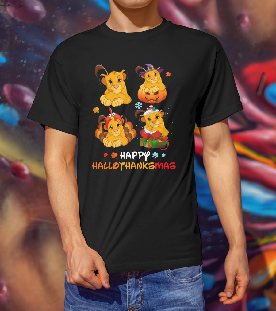 Happy Hallothanksmas Simba Lion Pumpkin Turkey Santa Hat Snowflakes T-Shirt