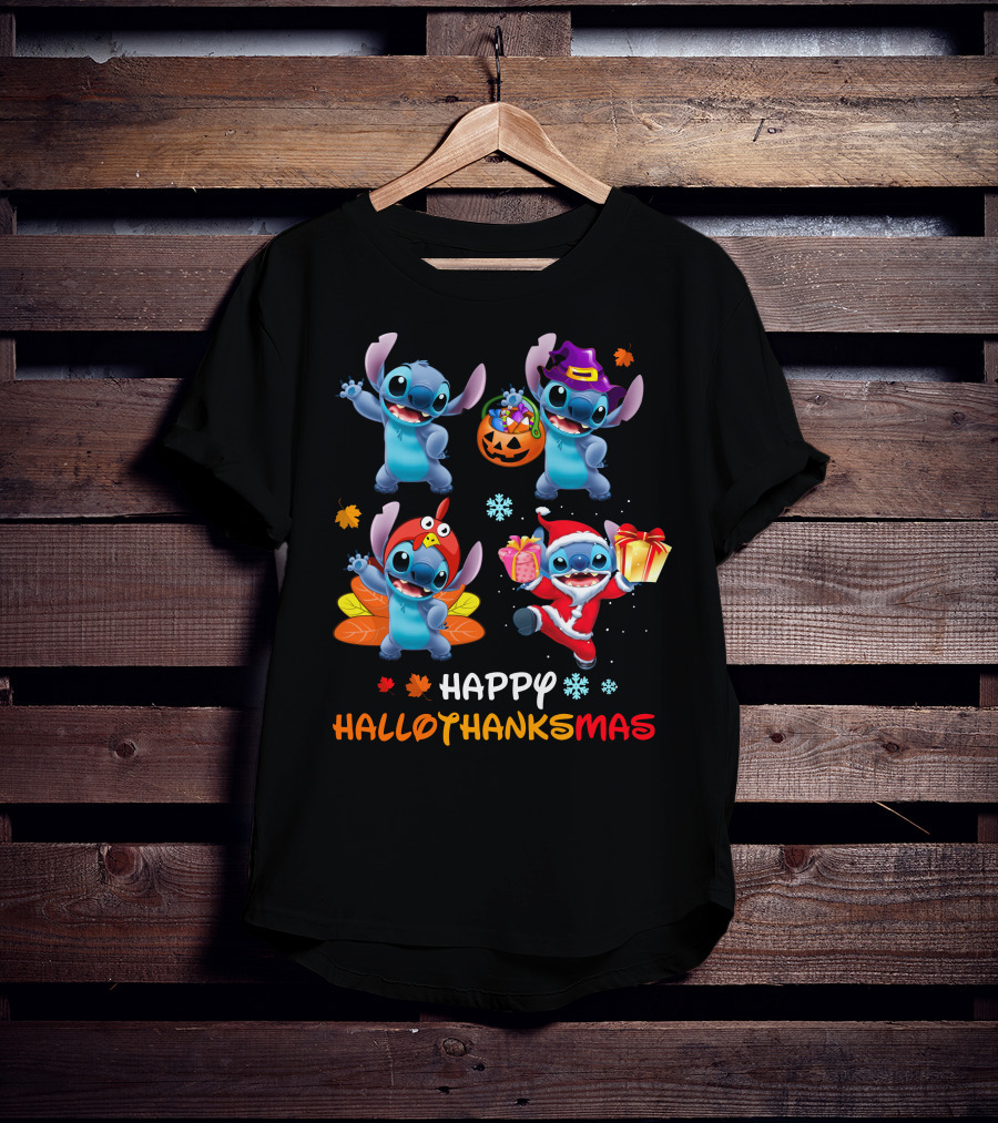 Happy HALLOTHANKSMAS Stitch In Halloween Thanksgiving Christmas Styles T-Shirt