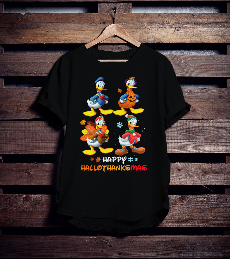 Happy HALLOTHANKSMAS Donald Characters In Holiday Costumes T-Shirt