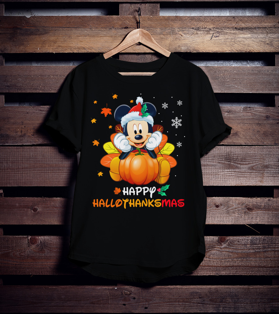 Happy HALLOTHANKSMAS Mickey Mouse Santa Pumpkin Leaves Snowflakes T-Shirt