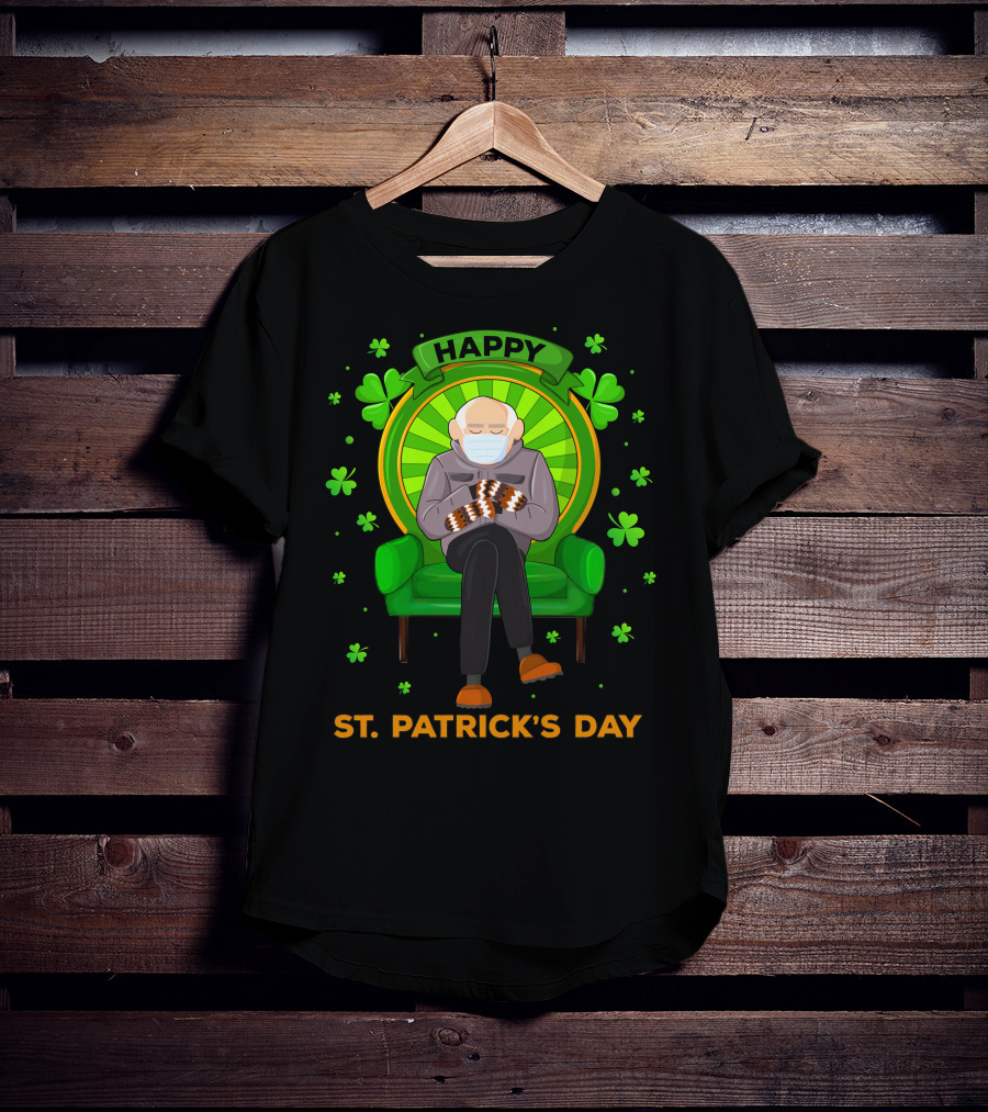 Happy St. Patrick's Day Masked Sitting Man With Mittens Surrounded By Clovers T-Shirt