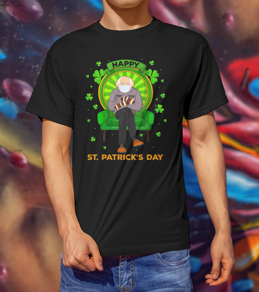 Happy St. Patrick's Day Masked Sitting Man With Mittens Surrounded By Clovers T-Shirt