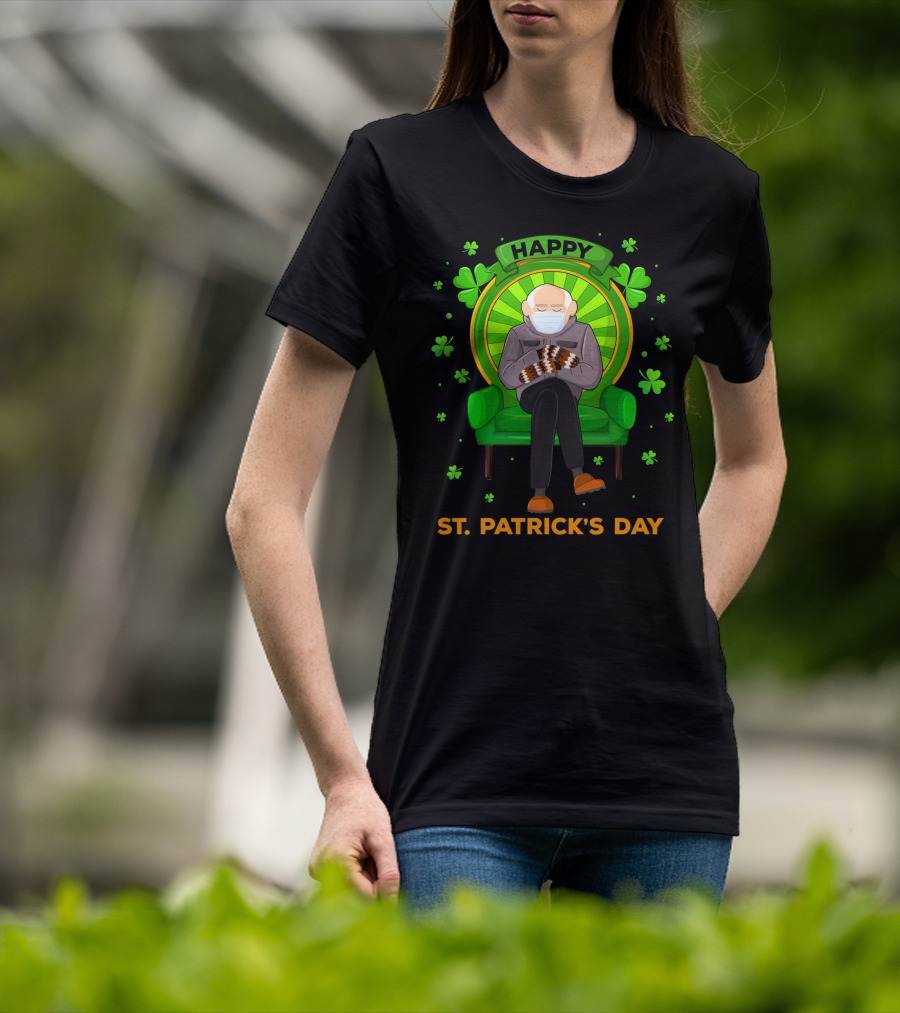 Happy St. Patrick's Day Masked Sitting Man With Mittens Surrounded By Clovers T-Shirt