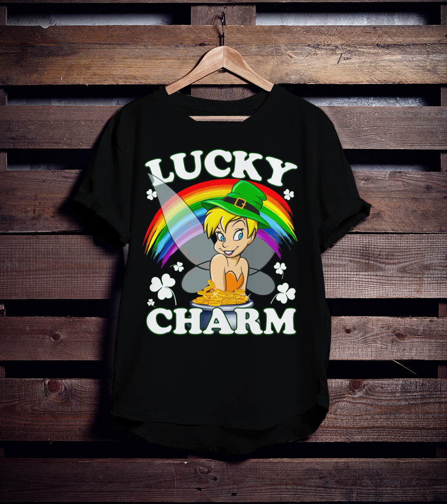 Lucky Charm Tinker Bell Rainbow And Shamrocks T-Shirt