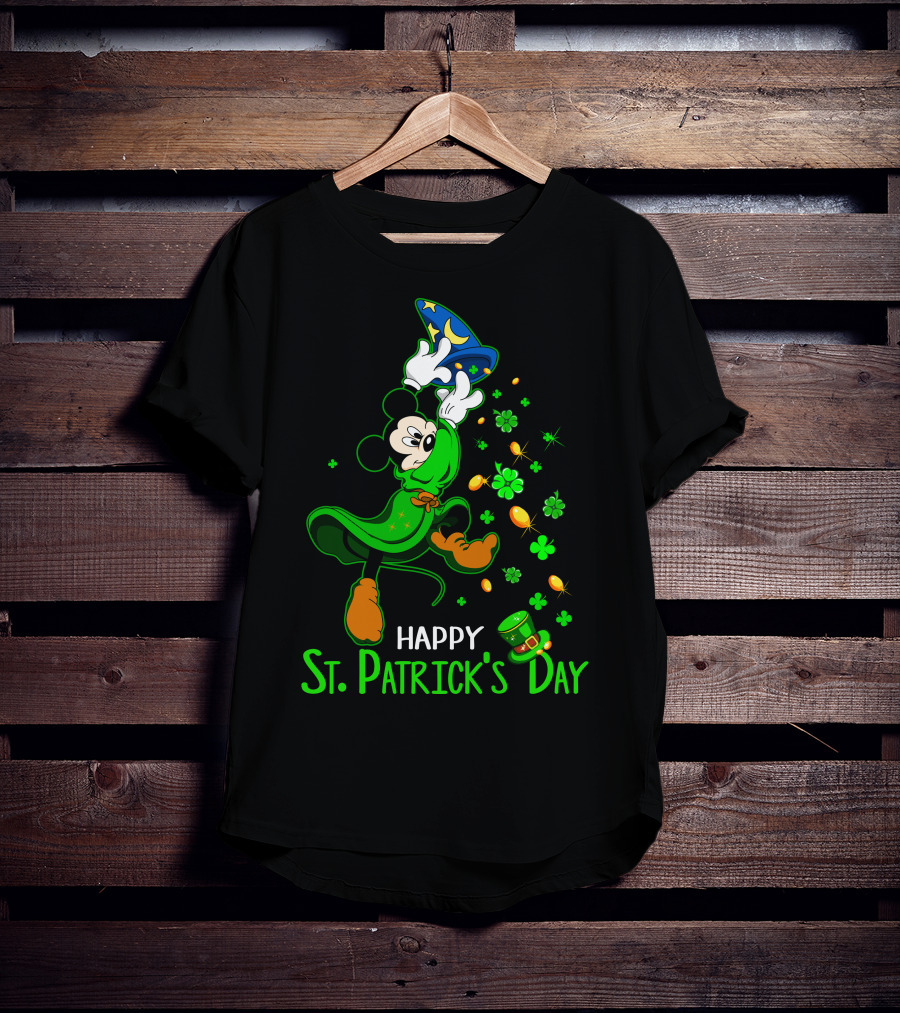 Happy St. Patrick's Day Mickey Mouse Lucky Clovers Magic Hat T-Shirt