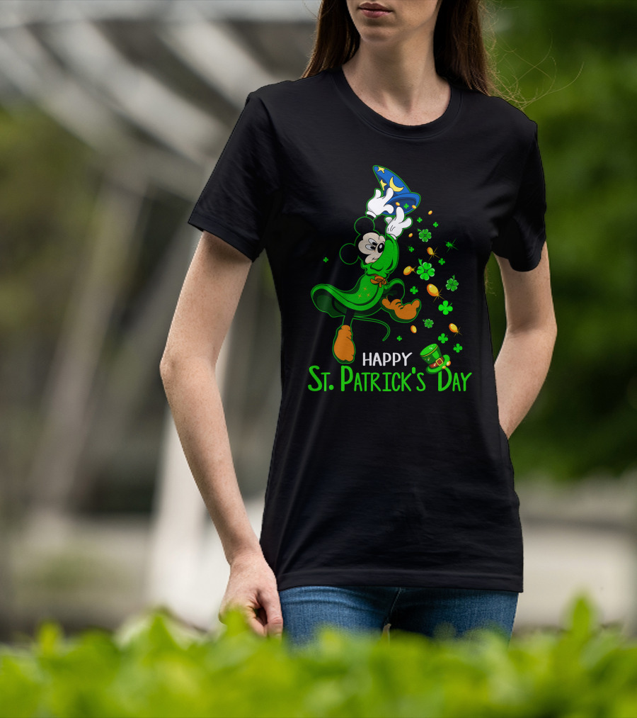 Happy St. Patrick's Day Mickey Mouse Lucky Clovers Magic Hat T-Shirt