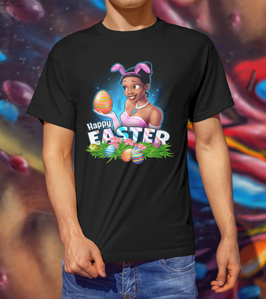 Tiana Holding Easter Egg In Bunny Ears With Happy Easter T-Shirt