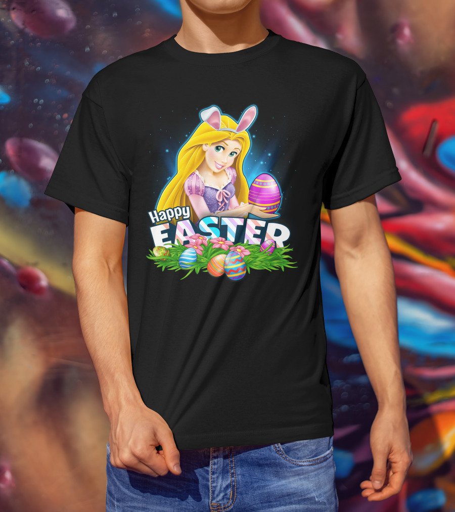 Rapunzel Happy Easter Bunny Ears Holding Colorful Egg Basket T-Shirt