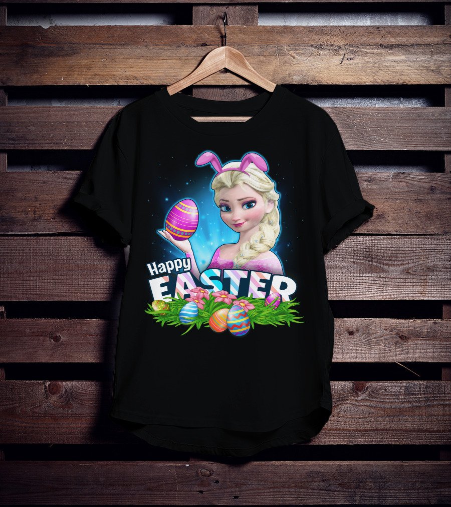 Elsa Happy Easter Bunny Ears And Colorful Eggs T-Shirt