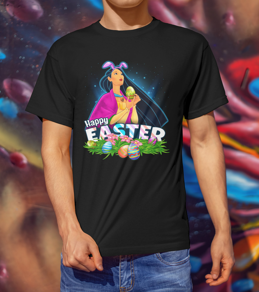 Pocahontas Happy Easter Colorful Eggs And Flowers Scene T-Shirt