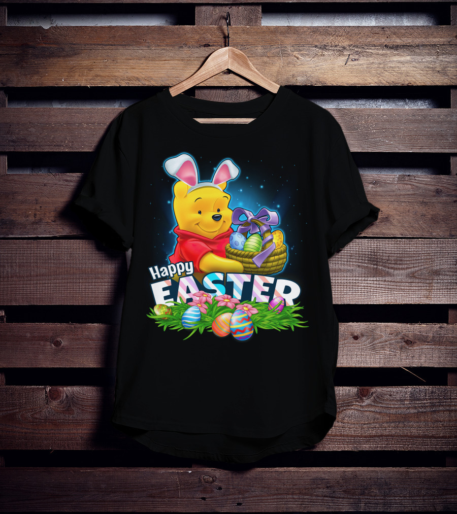 Pooh Happy Easter With Basket Of Eggs And Bunny Ears T-Shirt