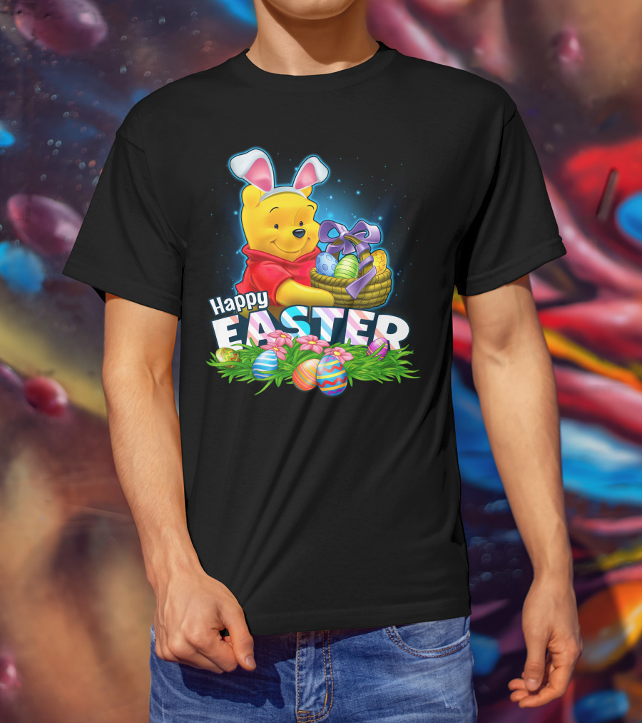Pooh Happy Easter With Basket Of Eggs And Bunny Ears T-Shirt