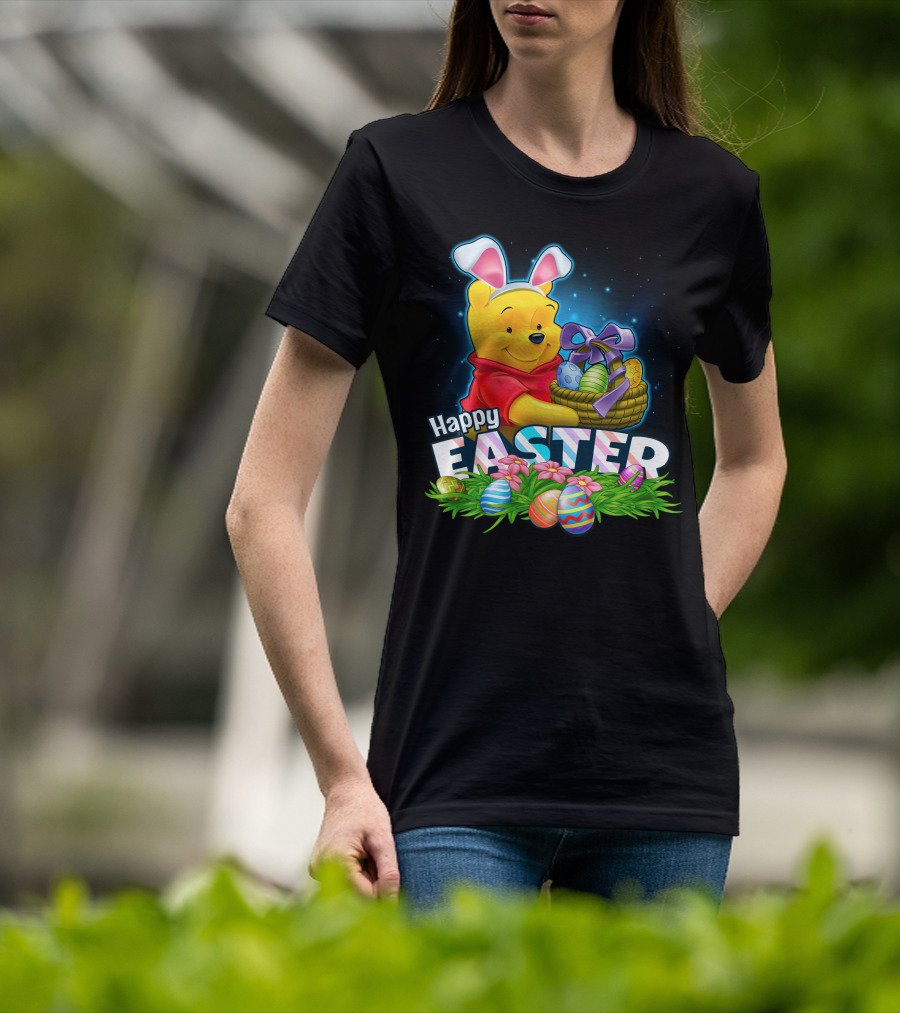 Pooh Happy Easter With Basket Of Eggs And Bunny Ears T-Shirt