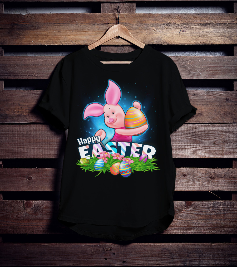 Piglet Happy Easter With Colorful Eggs And Flowers T-Shirt