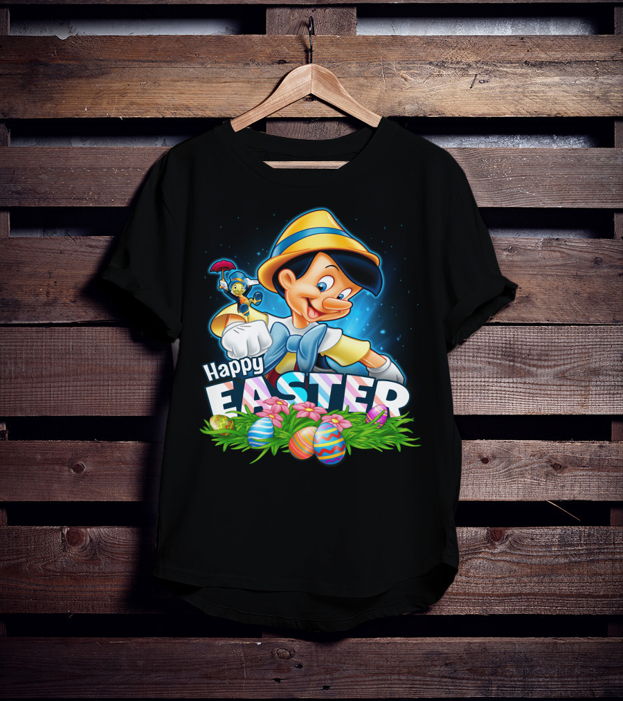 Pinocchio Happy Easter Colorful Eggs And Jiminy Cricket T-Shirt