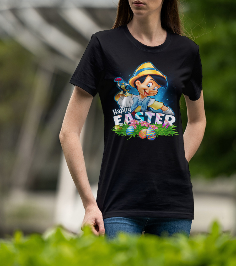 Pinocchio Happy Easter Colorful Eggs And Jiminy Cricket T-Shirt