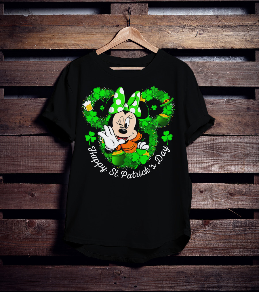 Minnie Mouse Happy St. Patrick's Day Shamrocks And Leprechaun Hat T-Shirt