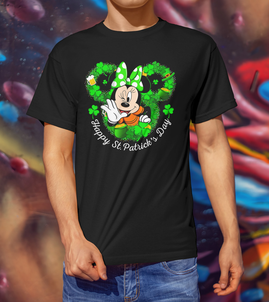 Minnie Mouse Happy St. Patrick's Day Shamrocks And Leprechaun Hat T-Shirt