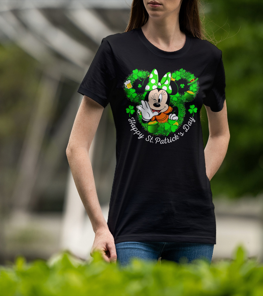 Minnie Mouse Happy St. Patrick's Day Shamrocks And Leprechaun Hat T-Shirt
