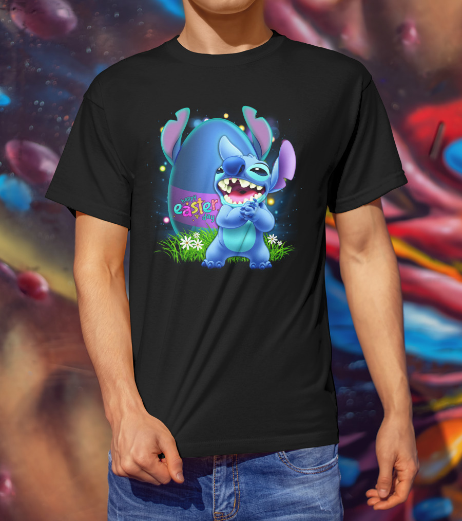 Happy Easter Day Stitch With Easter Egg And Flowers T-Shirt