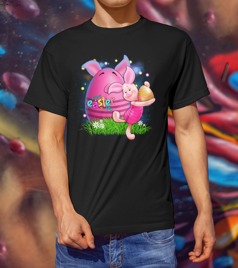 Happy Easter Day Piglet With Colorful Eggs T-Shirt