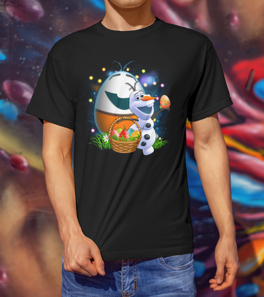 Olaf Easter Basket With Colorful Eggs And Smiling Egg Character T-Shirt