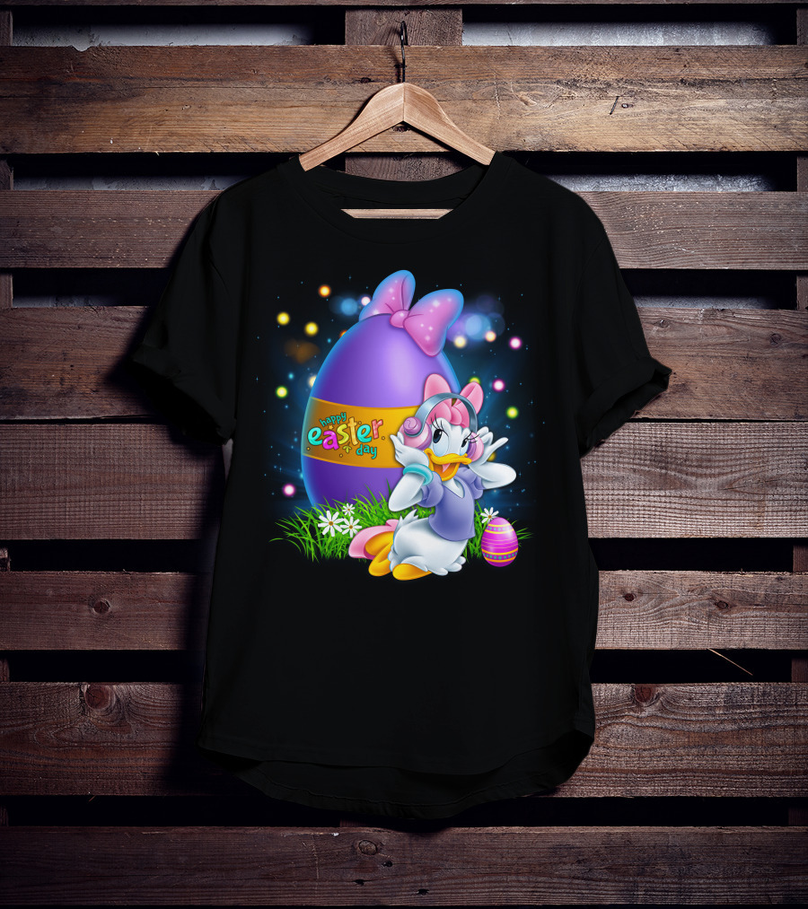 Daisy Duck Happy Easter Day Pink Bow Large Egg And Flowers T-Shirt