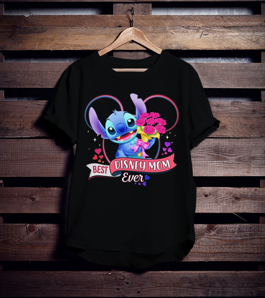 Best Disney Mom Ever Stitch With Flowers And Hearts T-Shirt