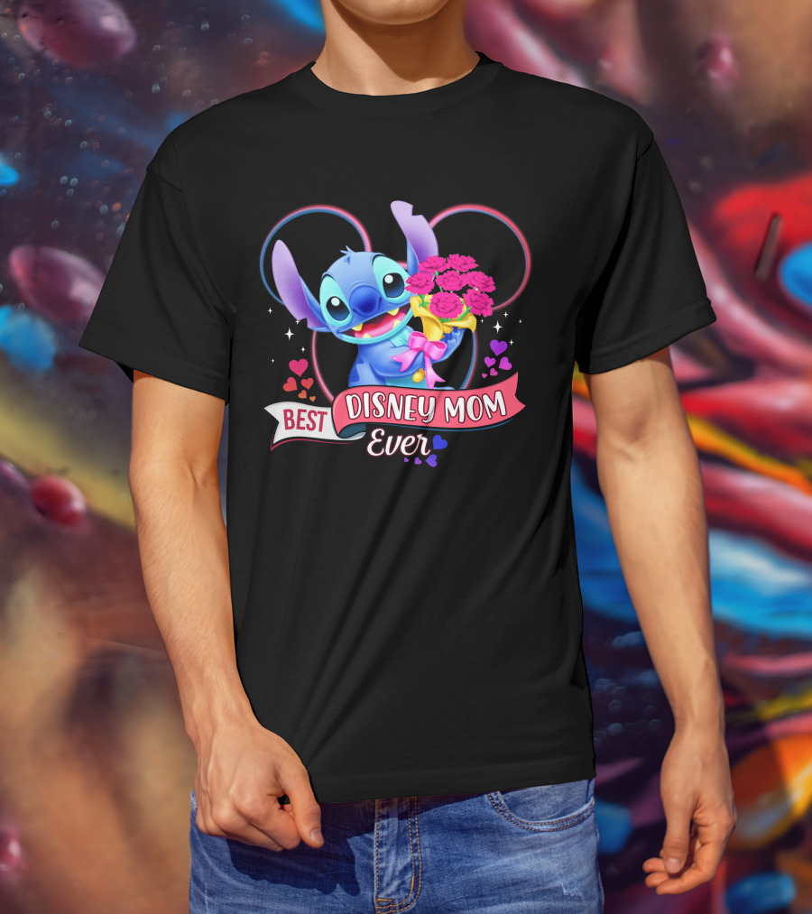 Best Disney Mom Ever Stitch With Flowers And Hearts T-Shirt