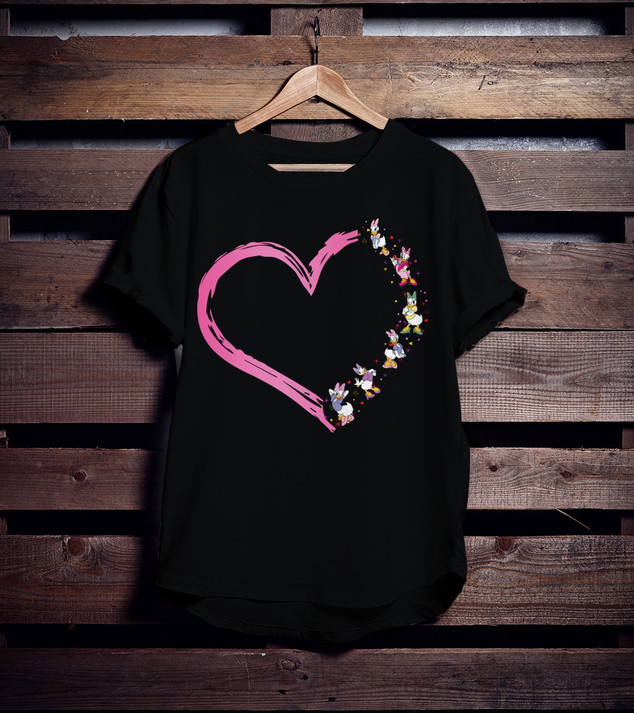 Daisy Duck Heart Shape With Pink Outline And Floral Elements T-Shirt