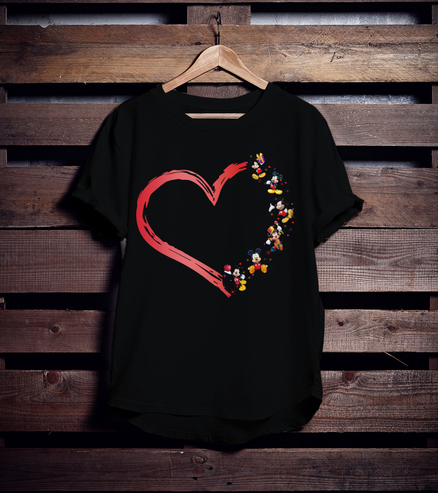 Mickey Mouse Characters In Heart Shape T-Shirt