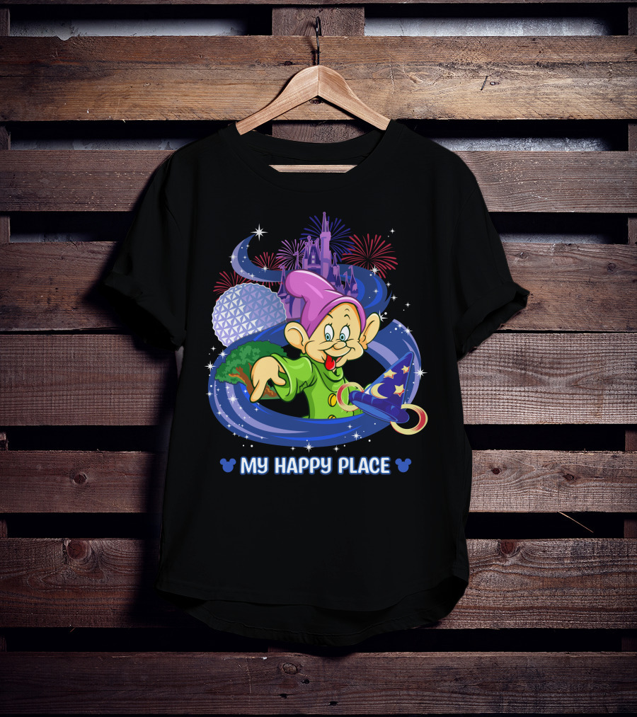 Dopey My Happy Place Epcot Castle Fireworks Sorcerer Hat T-Shirt